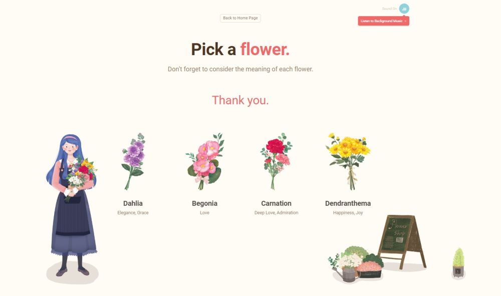 How to Use the Flower Letter: Click “Thank you” to choose a flower with a flower language that matches your gratitude.